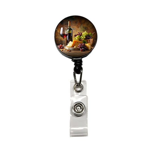Wine Cheese Grapes Rustic Setting Retractable ID Key Card Name Tag Badge Holder with Clip