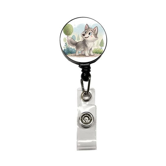 Wolf Children's Illustration Style Retractable ID Key Card Name Tag Badge Holder with Clip
