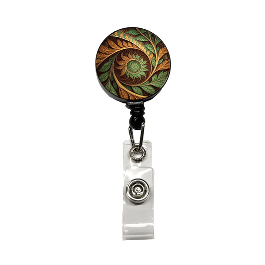 Abstract Brown Green Leaves Swirl Retractable ID Key Card Name Tag Badge Holder with Clip