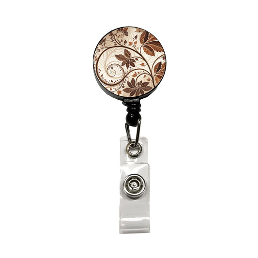 Abstract Brown Leaves Design Retractable ID Key Card Name Tag Badge Holder with Clip