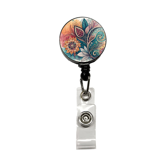 Abstract Deco Floral Leaves Swirl Design Retractable ID Key Card Name Tag Badge Holder with Clip