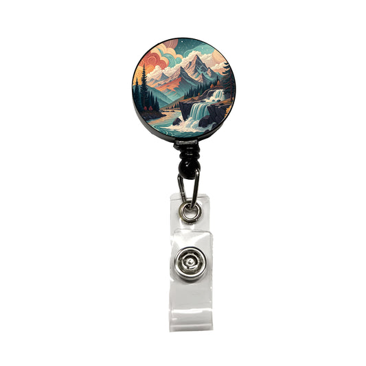 Abstract Mountains Waterfalls Landscape Retractable ID Key Card Name Tag Badge Holder with Clip