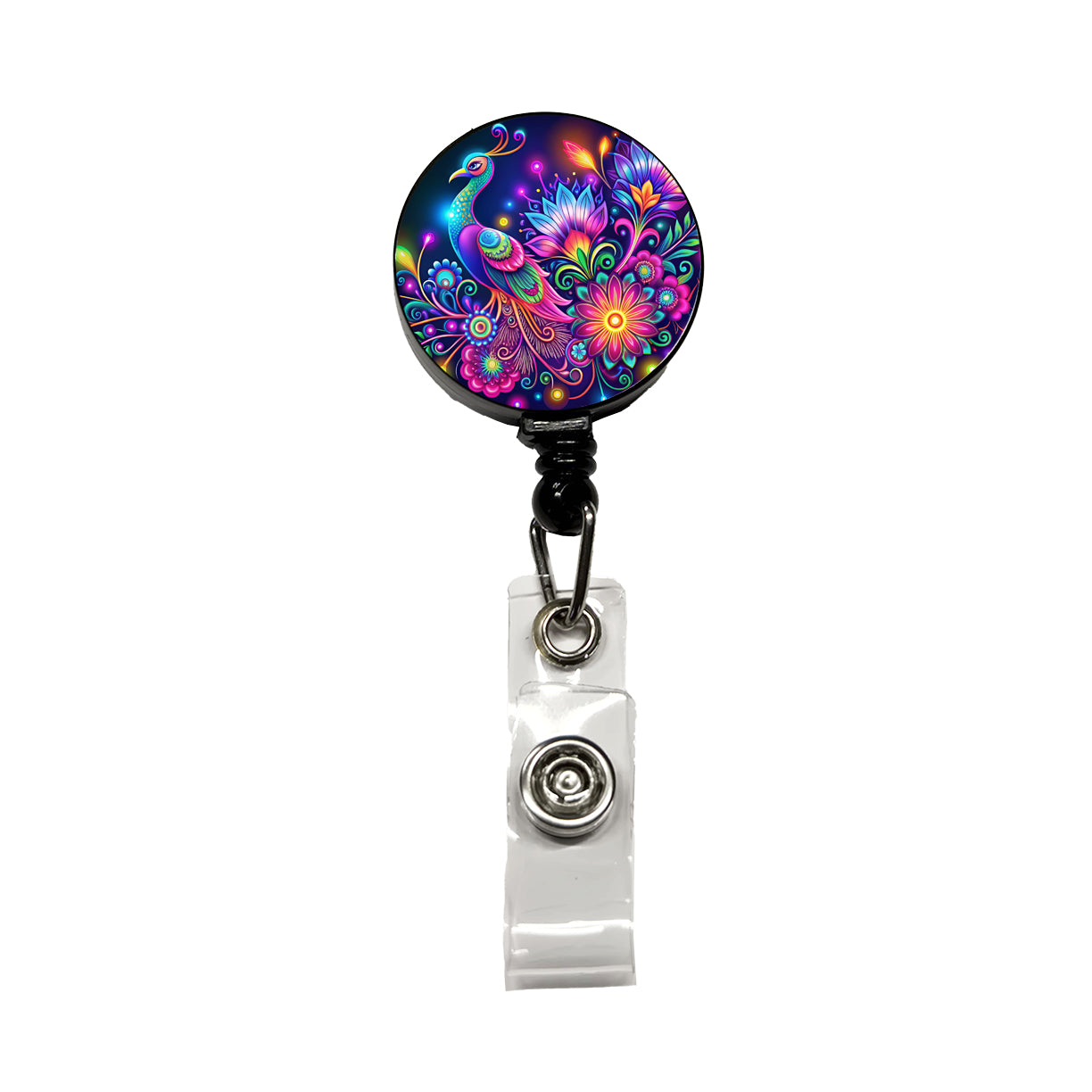Abstract Neon Peacock Floral Design Retractable ID Key Card Name Tag Badge Holder with Clip