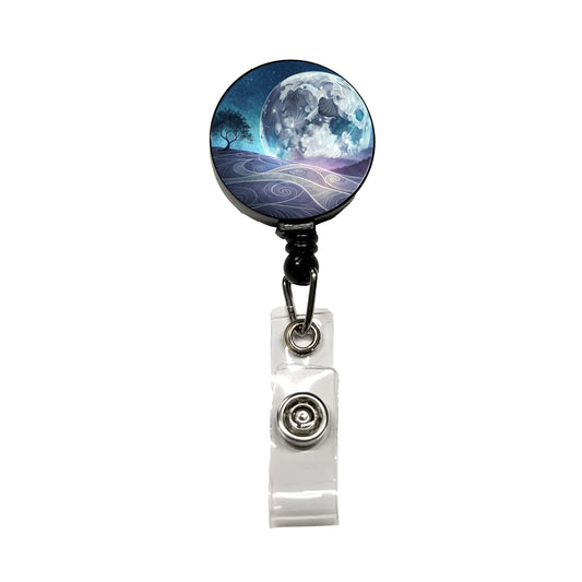 Abstract Purple Blue Moon Landscape Retractable ID Key Card Name Tag Badge Holder with Clip