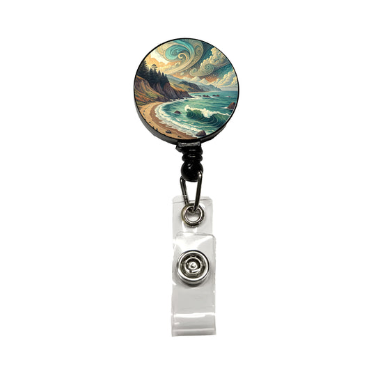Abstract Shore Ocean Waves Landscape Retractable ID Key Card Name Tag Badge Holder with Clip