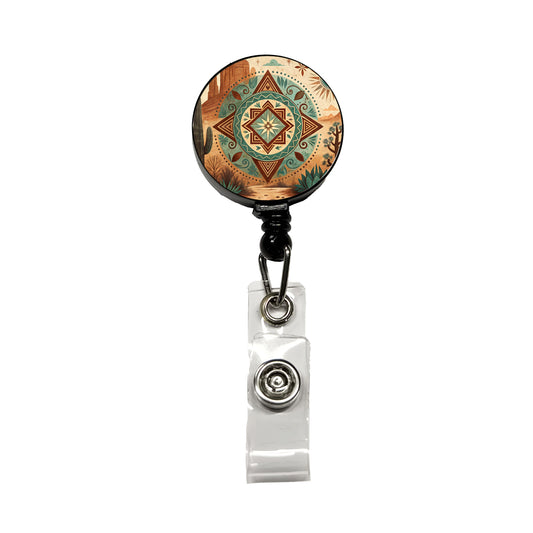 Abstract Southwestern Teal Brown Desert Design Retractable ID Key Card Name Tag Badge Holder with Clip