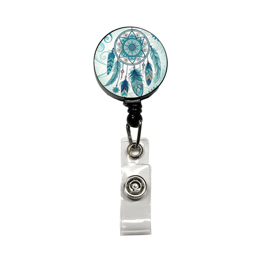 Abstract Teal Blue Dream Catcher Southwestern Design Retractable ID Key Card Name Tag Badge Holder with Clip