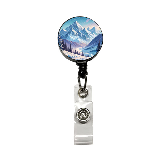 Abstract Winter Blue Purple Mountains Landscape Retractable ID Key Card Name Tag Badge Holder with Clip