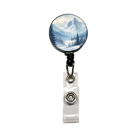 Abstract Winter Mountains Landscape Retractable ID Key Card Name Tag Badge Holder with Clip