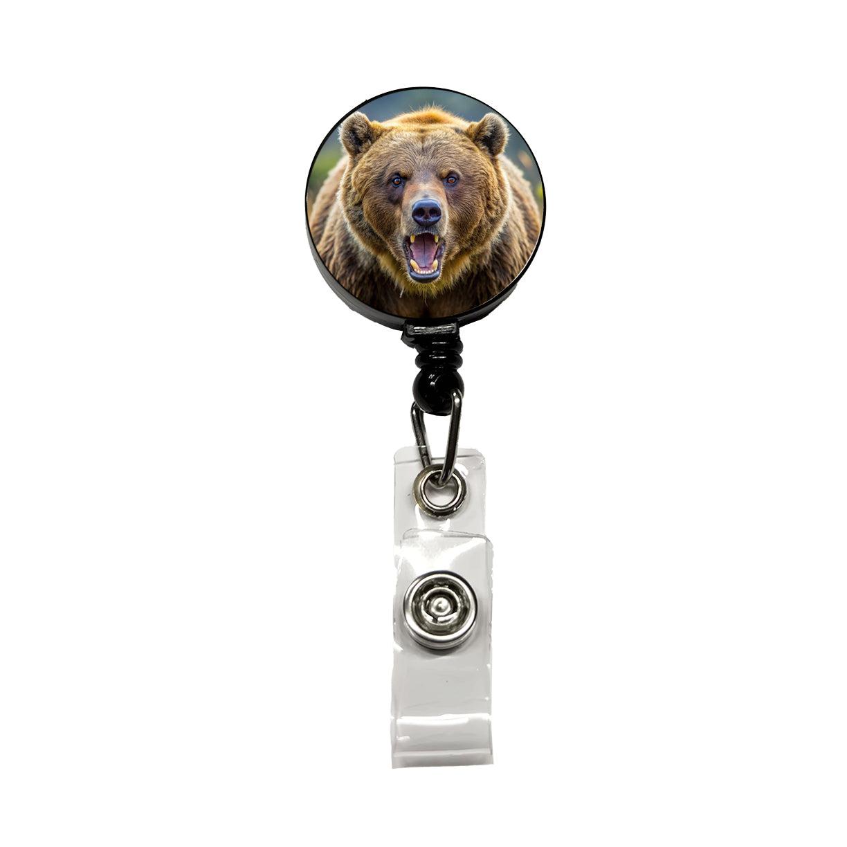 Angry Grizzly Bear Charging Retractable ID Key Card Name Tag Badge Holder with Clip
