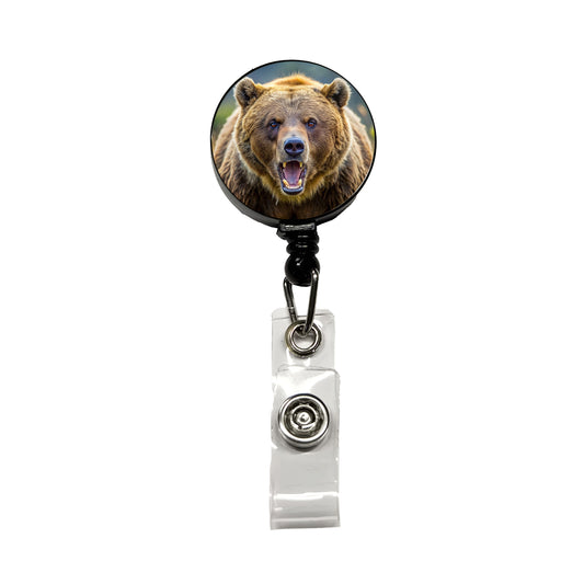 Angry Grizzly Bear Charging Retractable ID Key Card Name Tag Badge Holder with Clip