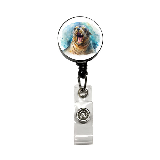 Angry Sea Lion Watercolor Retractable ID Key Card Name Tag Badge Holder with Clip