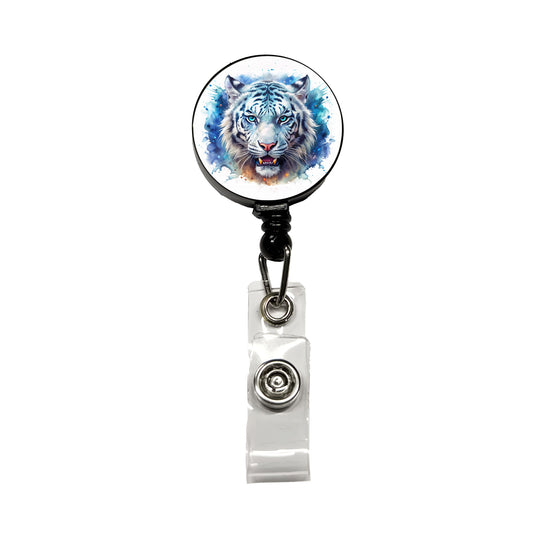 Angry White Tiger Watercolor Retractable ID Key Card Name Tag Badge Holder with Clip