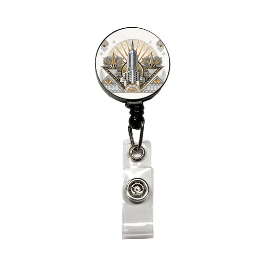 Art Deco Building Architectural Design Retractable ID Key Card Name Tag Badge Holder with Clip