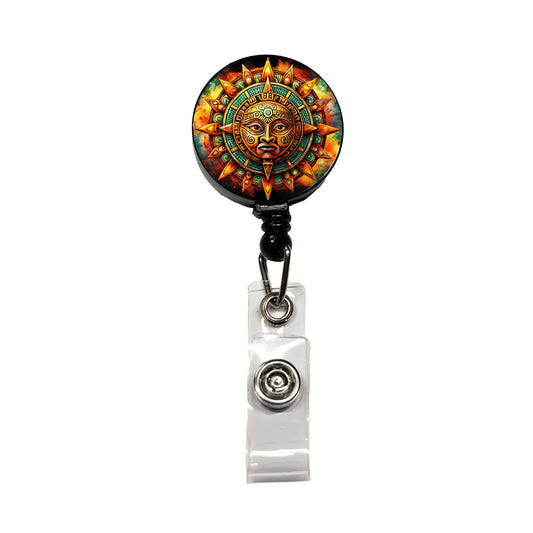 Aztec Sun God Symbol Watercolor Retractable ID Key Card Name Tag Badge Holder with Clip