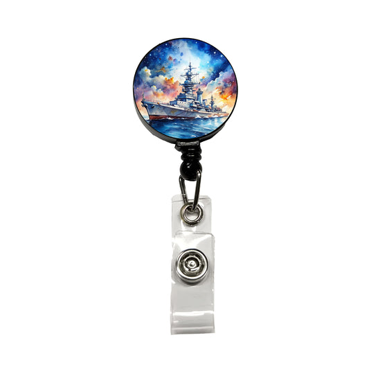 Battleship Under Fantasy Sky Watercolor Retractable ID Key Card Name Tag Badge Holder with Clip