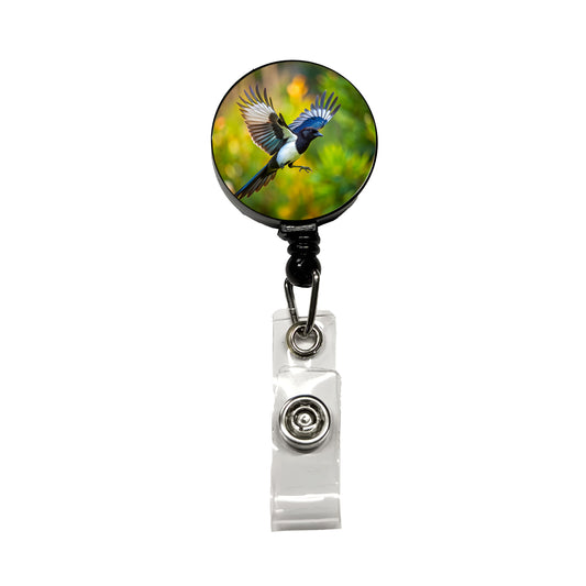 Black Billed Magpie Flying Backyard Bird Retractable ID Key Card Name Tag Badge Holder with Clip