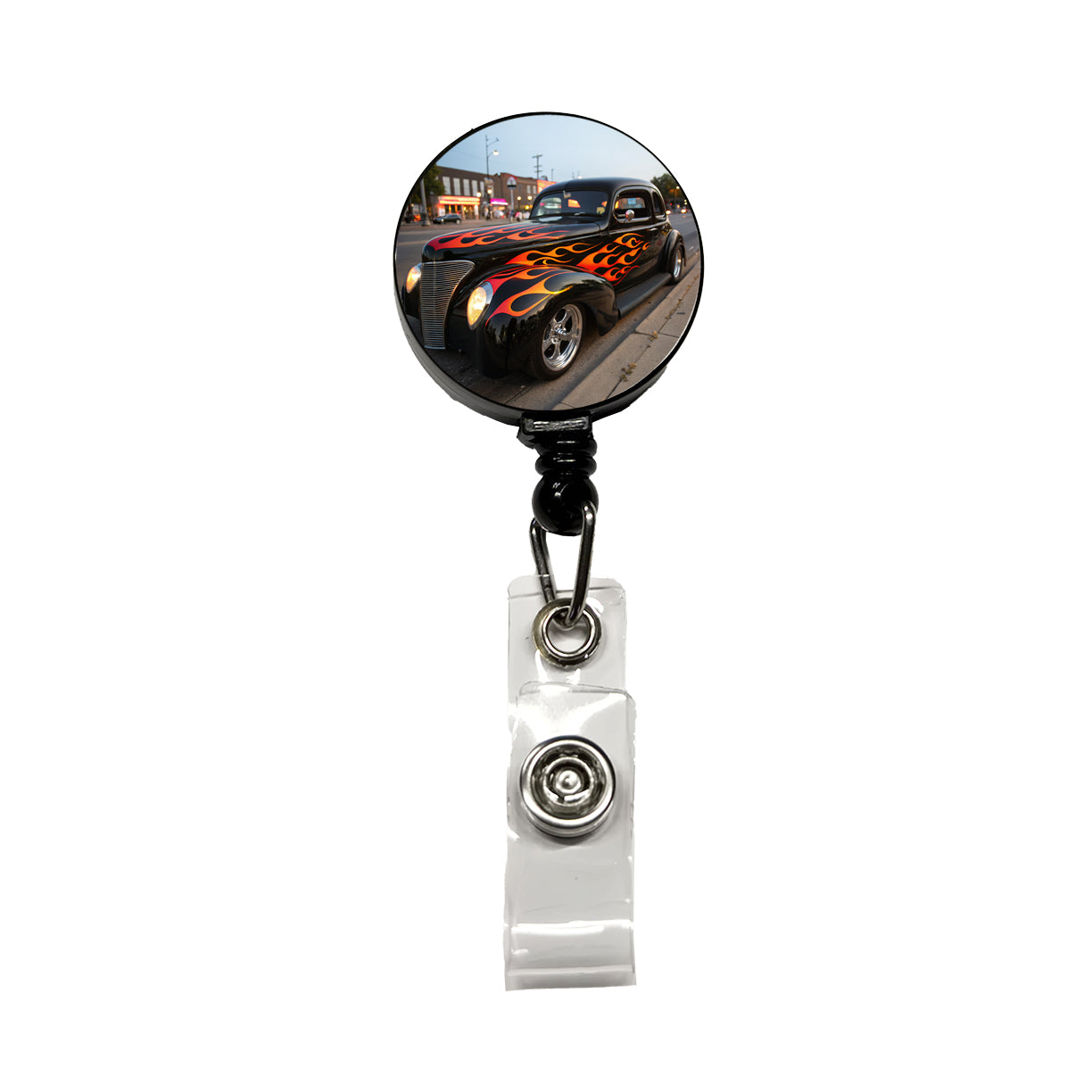 Black Hot Rod Classic Car With Flames Retractable ID Key Card Name Tag Badge Holder with Clip