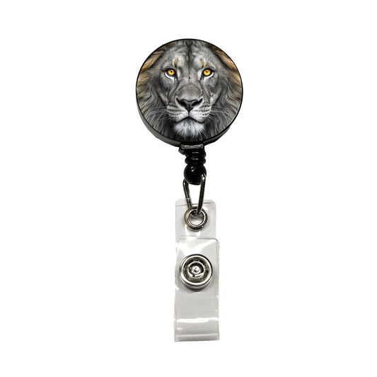 Black White Lion's Face with Gold Eyes Retractable ID Key Card Name Tag Badge Holder with Clip