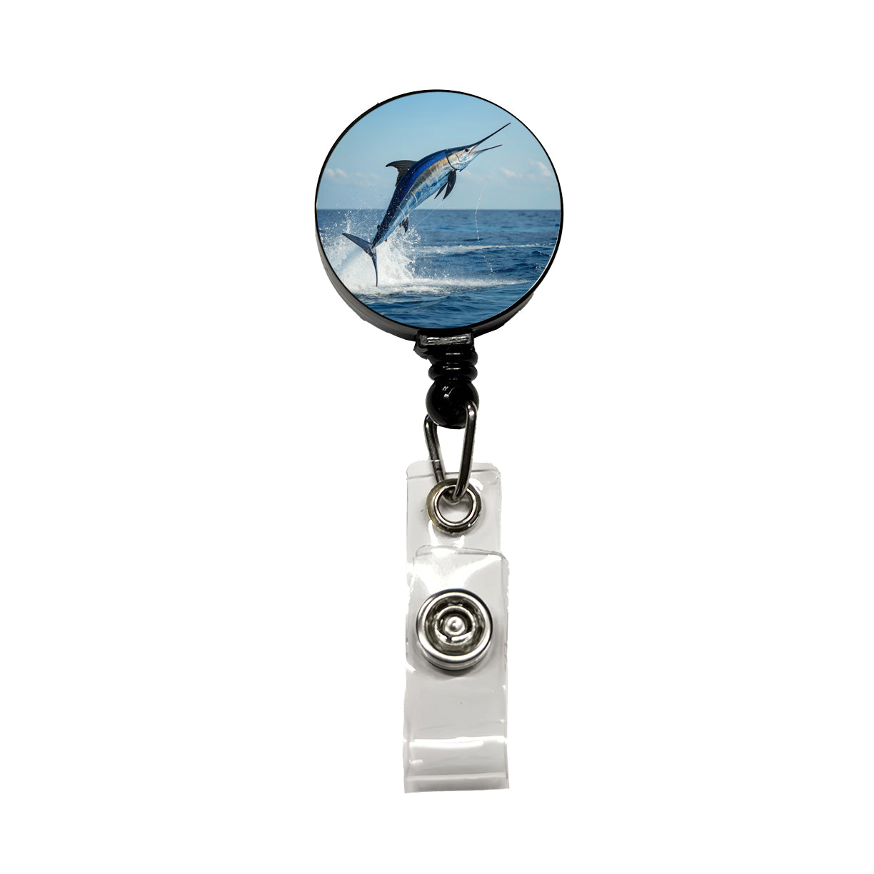 Blue Marlin Fish Leaping Out Of Water Retractable ID Key Card Name Tag Badge Holder with Clip
