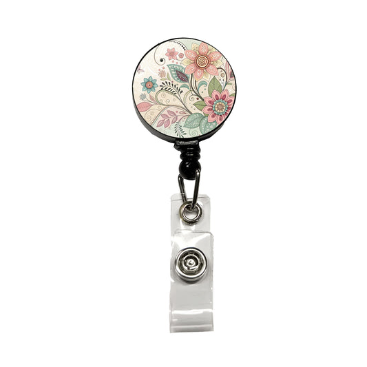 Boho Floral Flowers Leaves Retractable ID Key Card Name Tag Badge Holder with Clip