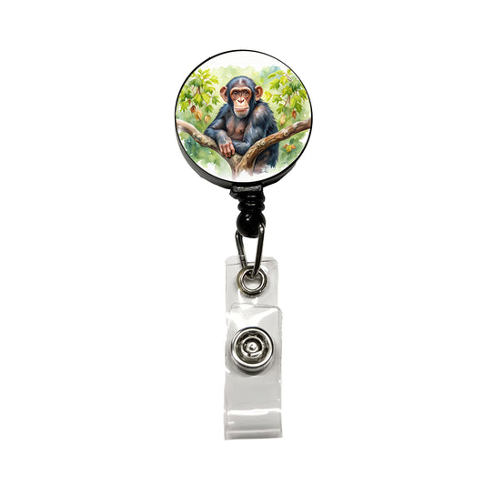Chimpanzee Monkey In Tree Watercolor Retractable ID Key Card Name Tag Badge Holder with Clip