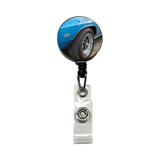 Classic Blue Muscle Car Retractable ID Key Card Name Tag Badge Holder with Clip