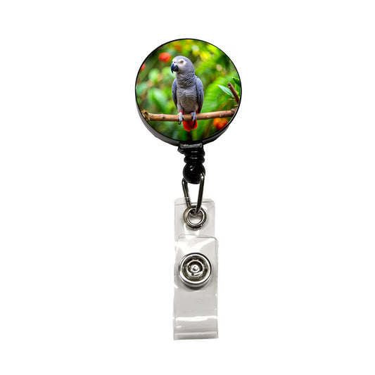Congo African Grey Parrot Bird On Branch Retractable ID Key Card Name Tag Badge Holder with Clip