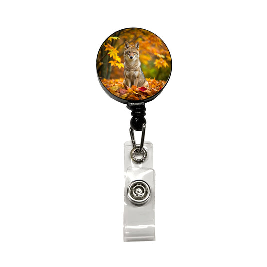 Coyote Sitting In The Fall Leaves Retractable ID Key Card Name Tag Badge Holder with Clip