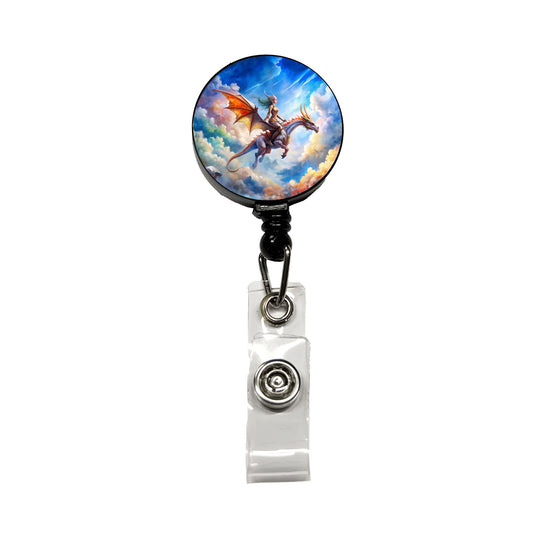 Dragon and Rider Flying Watercolor Retractable ID Key Card Name Tag Badge Holder with Clip
