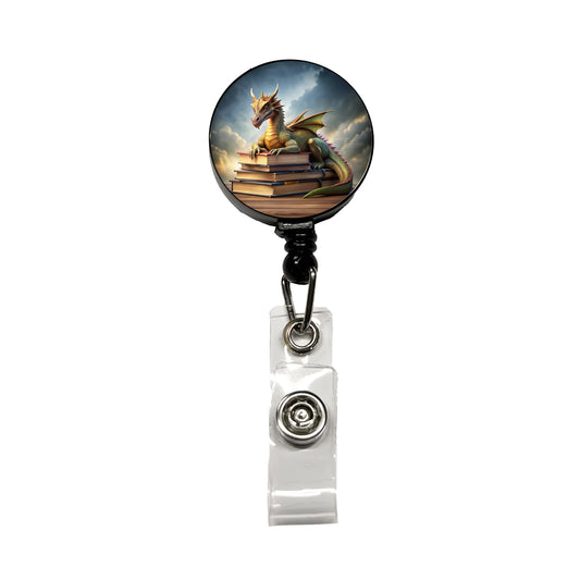 Dragon Laying On Top Of Books Reading Retractable ID Key Card Name Tag Badge Holder with Clip