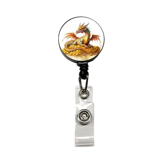Fantasy Dragon and Gold Horde Watercolor Retractable ID Key Card Name Tag Badge Holder with Clip