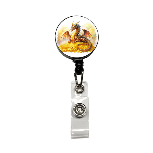 Fantasy Dragon Laying on Gold Watercolor Retractable ID Key Card Name Tag Badge Holder with Clip