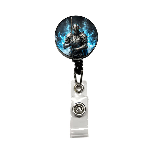 Fantasy Warrior Knight Blue Flames Retractable ID Key Card Name Tag Badge Holder with Clip