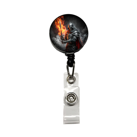 Fantasy Warrior Knight with Flaming Sword Retractable ID Key Card Name Tag Badge Holder with Clip
