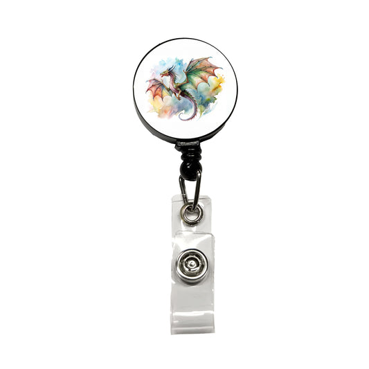 Fantasy Wyvern Dragon In Flight Watercolor Retractable ID Key Card Name Tag Badge Holder with Clip