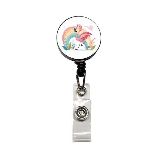 Flamingo and Rainbow Children's Illustration Style Retractable ID Key Card Name Tag Badge Holder with Clip