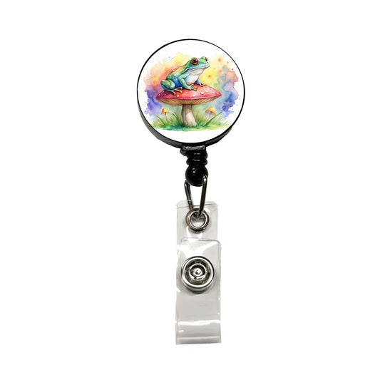 Frog Sitting On A Magical Mushroom Watercolor Retractable ID Key Card Name Tag Badge Holder with Clip