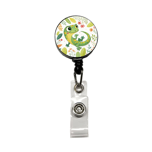 Gecko Lizard Children's Illustration Style Retractable ID Key Card Name Tag Badge Holder with Clip