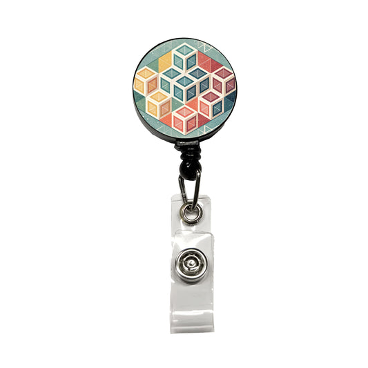 Geometric Cube Pattern Design Retractable ID Key Card Name Tag Badge Holder with Clip