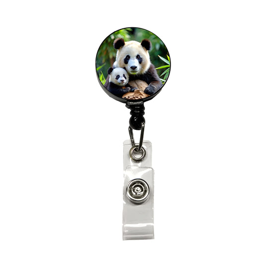 Giant Panda Mother With Baby Retractable ID Key Card Name Tag Badge Holder with Clip