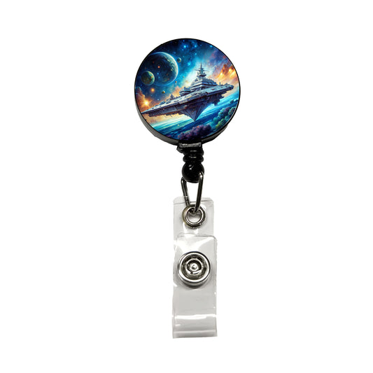 Giant Sci-Fi Warship In Space Watercolor Retractable ID Key Card Name Tag Badge Holder with Clip