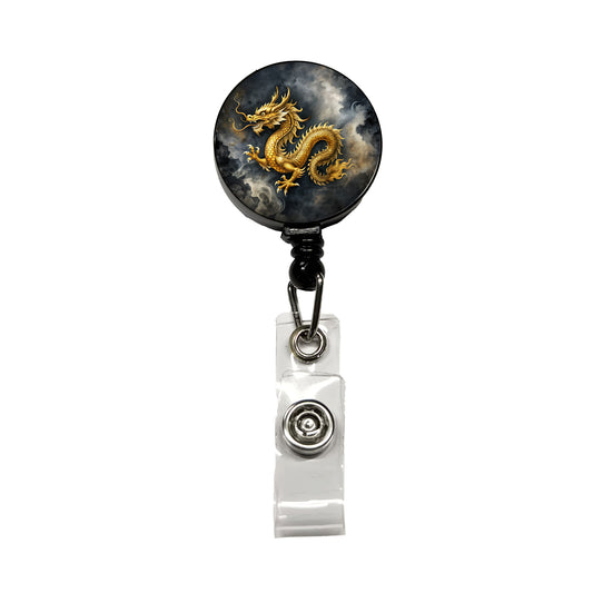 Gold Asian Dragon Watercolor Retractable ID Key Card Name Tag Badge Holder with Clip