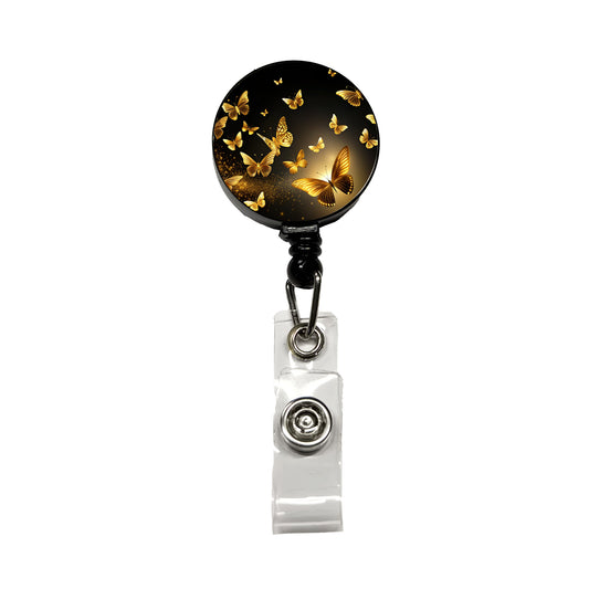 Gold Butterflies Flying Retractable ID Key Card Name Tag Badge Holder with Clip