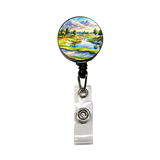 Golf Course With Sand Traps And Lake Watercolor Retractable ID Key Card Name Tag Badge Holder with Clip