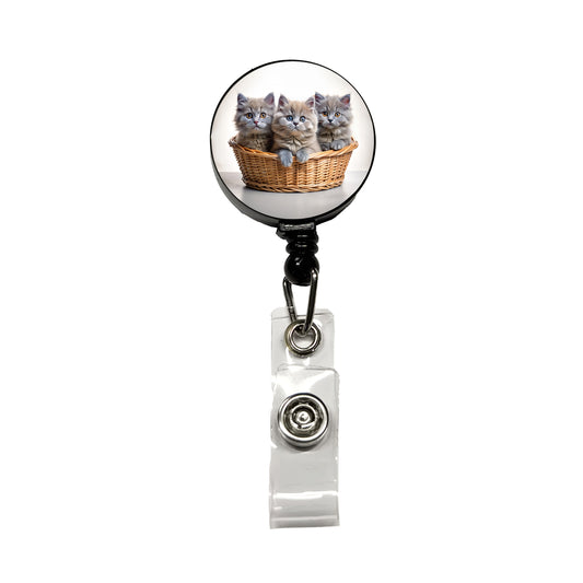 Gray British Longhair Kittens In A Basket Retractable ID Key Card Name Tag Badge Holder with Clip