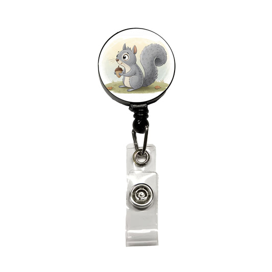 Gray Squirrel Children's Illustration Style Retractable ID Key Card Name Tag Badge Holder with Clip