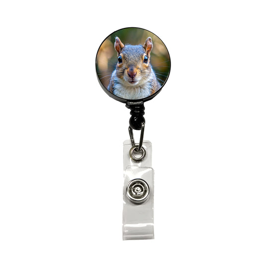 Gray Squirrel Face Retractable ID Key Card Name Tag Badge Holder with Clip