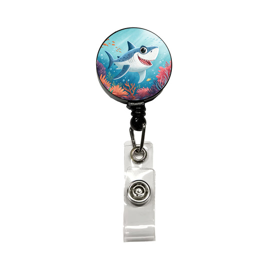 Great White Shark Children's Illustration Style Retractable ID Key Card Name Tag Badge Holder with Clip
