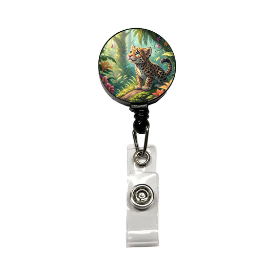 Jaguar Cat In Jungle Children's Illustration Style Retractable ID Key Card Name Tag Badge Holder with Clip